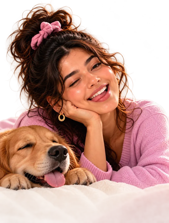 A smiling young woman lying down with a golden retriever resting beside her