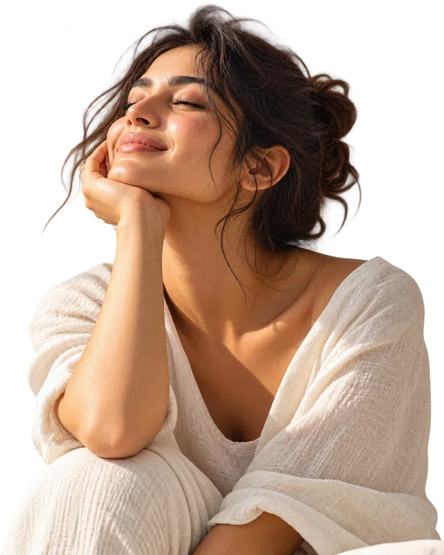 A calm young woman with her eyes closed and her chin resting on her hand